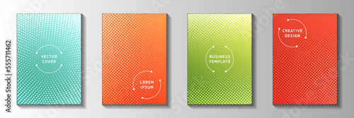 Dynamic point faded screen tone front page templates vector batch. Medical catalog perforated