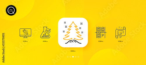 Chemistry lab, Parking place and Monitor repair minimal line icons. Yellow abstract background. Architectural plan, Christmas tree icons. For web, application, printing. Vector