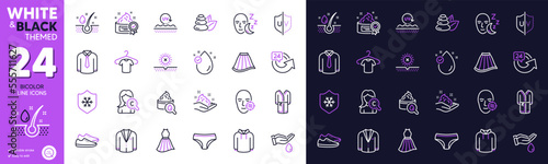 Dress, Cream and T-shirt line icons for website, printing. Collection of Collagen skin, No sun, Panties icons. Uv protection, Bathrobe, Skin care web elements. Spa stones, Vitamin e, Shirt. Vector