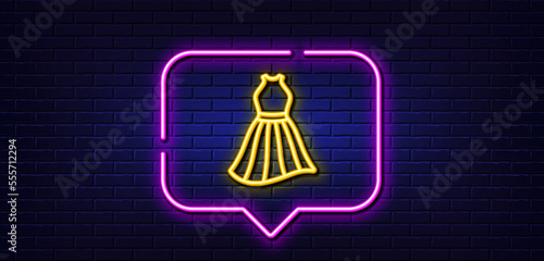 Neon light speech bubble. Dress line icon. Clothing gown sign. Women fashion outfit symbol. Neon light background. Dress glow line. Brick wall banner. Vector