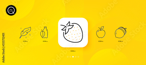 Apple, Strawberry and Water bottle minimal line icons. Yellow abstract background. Acorn, Feather icons. For web, application, printing. Fresh fruit, Mint leaf drink, Oaknut. Nib pen. Vector