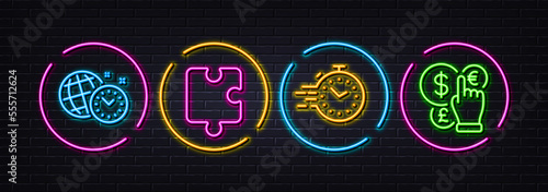 Timer, Puzzle and Time management minimal line icons. Neon laser 3d lights. Money currency icons. For web, application, printing. Deadline management, Puzzle piece, World clock. Vector