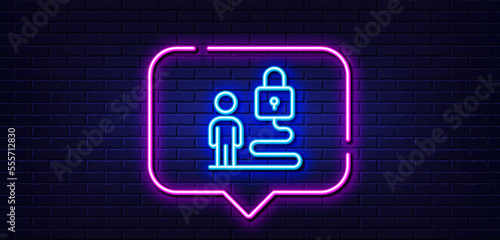 Neon light speech bubble. Lock line icon. Security access sign. Online padlock symbol. Neon light background. Lock glow line. Brick wall banner. Vector