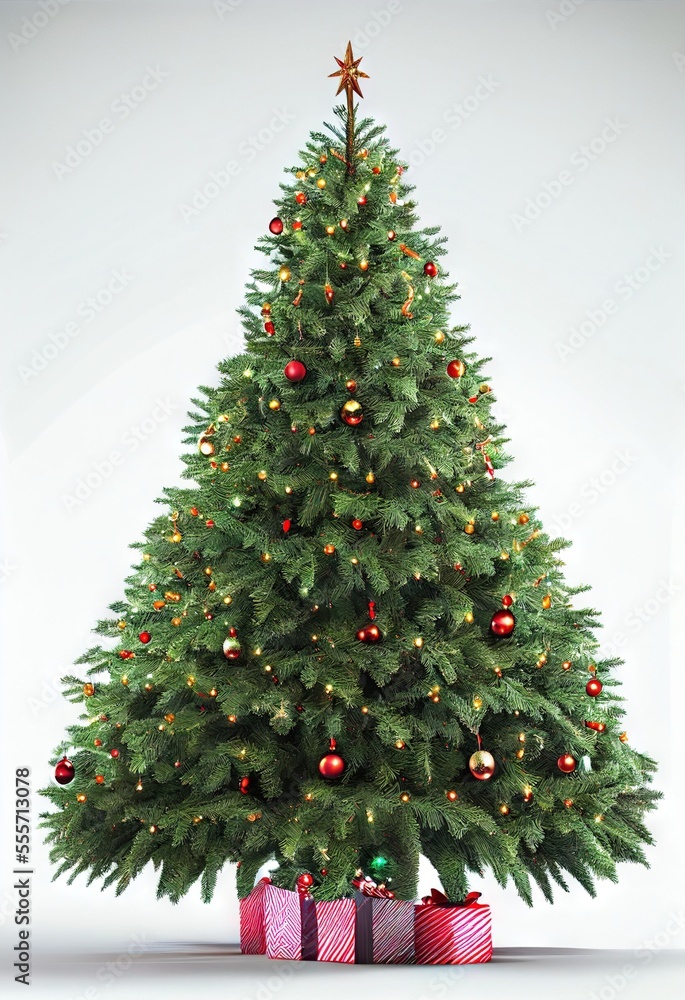 Fototapeta premium Christmas Tree Ornaments Lights Presents Vertical Flat White Background Image