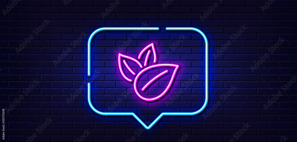 Neon light speech bubble. Organic product line icon. No artificial colors sign. Natural flavors symbol. Neon light background. Organic product glow line. Brick wall banner. Vector Neon light speech bubble. Organic product line icon. No artificial colors sign. Natural flavors symbol. Neon light background. Organic product glow line. Brick wall banner. Vector