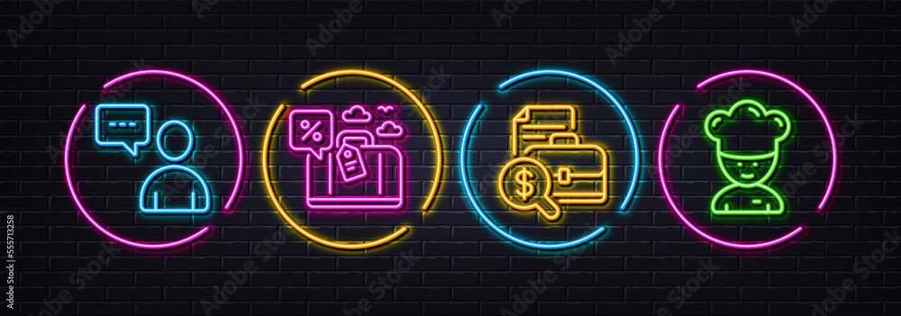 Users chat, Travel loan and Accounting report minimal line icons. Neon laser 3d lights. Cooking chef icons. For web, application, printing. Communication concept, Trip discount, Financial case. Vector