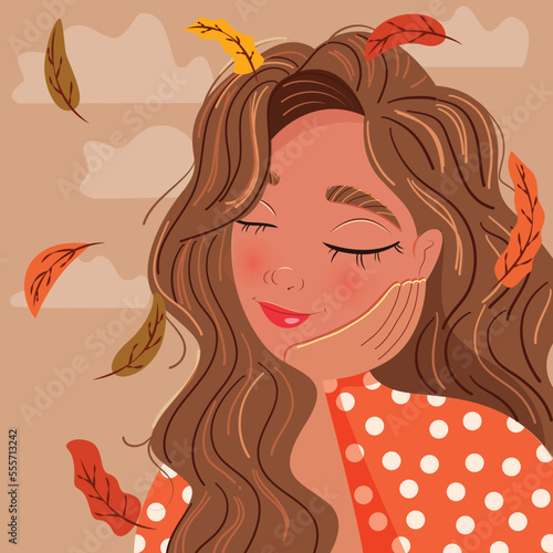 Beautiful brunette girl leaning on her hand with closed eyes  daydreaming  with autumn leaves falling and clouds. Colorful illustration. Vector.