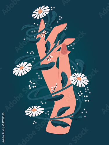 Elegant female hand surrounded with white flowers and leaves on dark blue background. Colorful illustration. Vector.