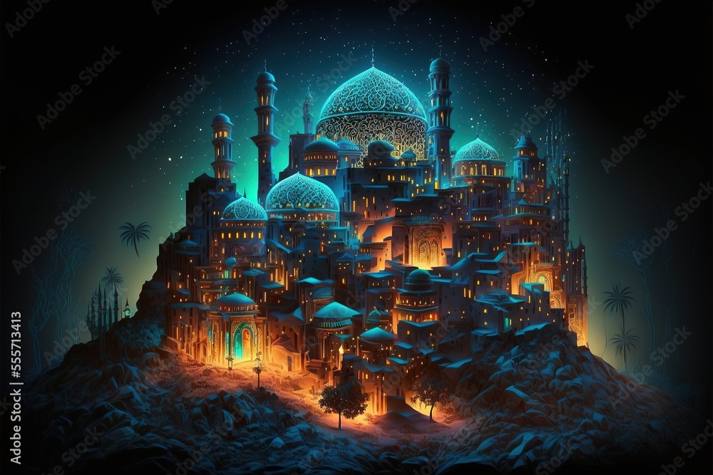 Fototapeta premium Fairy-tale Arabian night city with towers and mussels. Night neon oriental city. Fantasy urban arabic landscape. AI