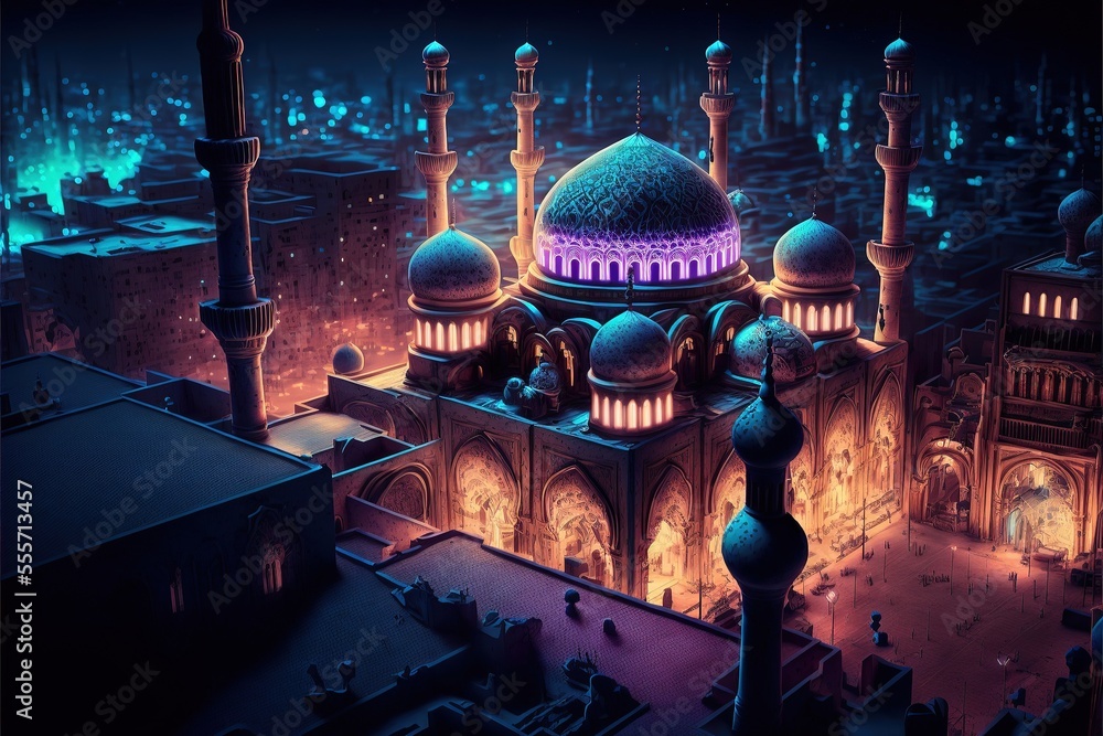 Fairytale Arabian night city with towers and mussels. Night neon