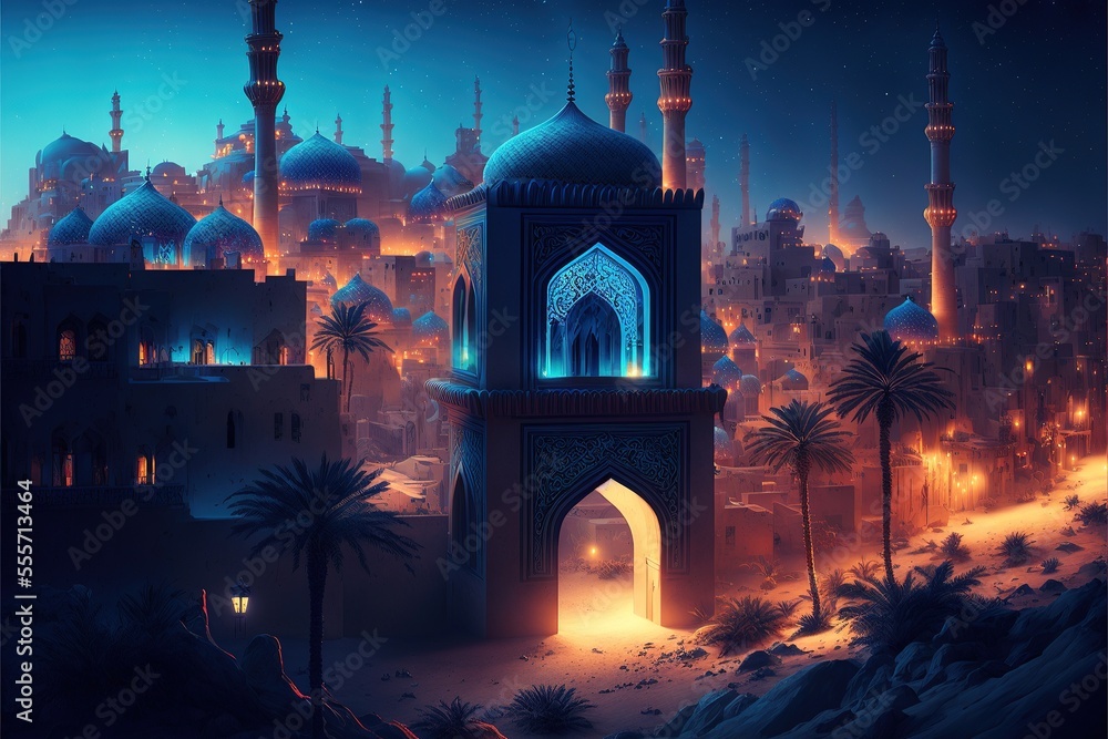 Fairy-tale Arabian night city with towers and mussels. Night neon oriental city. Fantasy urban arabic landscape. AI - obrazy, fototapety, plakaty 
