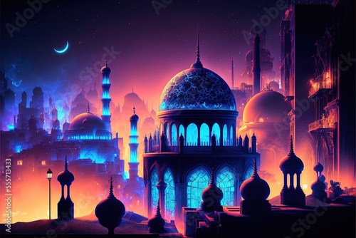 Fairy-tale Arabian night city with towers and mussels. Night neon oriental city. Fantasy urban arabic landscape. AI