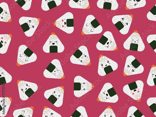 Seamless onigiri pattern. Vector design of Asian cuisine isolated on a pink background