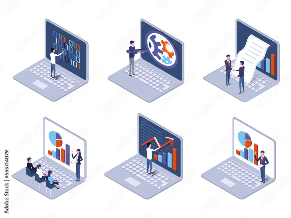 isometric illustration of business people shaking hands for contract on laptop,business person with chart isometric illustration of business people shaking hands for contract on laptop,business person with chart