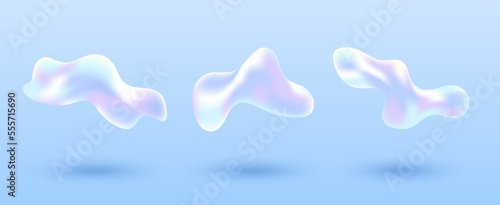 Liquid gradient shapes. 3 isolated liquid holographic elements with shadows under them. Abstract fluid drops. Vector illustration