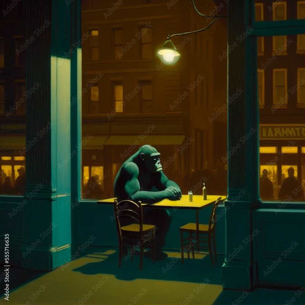 Gorilla Loneliness. A gorilla sitting alone in a cafe. Concepts: loneliness, depression, diversity, lack of communication, social problems. Generative AI. Gorilla Loneliness. A gorilla sitting alone in a cafe. Concepts: loneliness, depression, diversity, lack of communication, social problems. Generative AI.