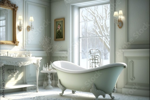 White classic bathroom interior with large window and lots of light  white antique clawfoot bathtub. White interior  classic  majesty. AI