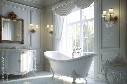 White classic bathroom interior with large window and lots of light  white antique clawfoot bathtub. White interior  classic  majesty. AI