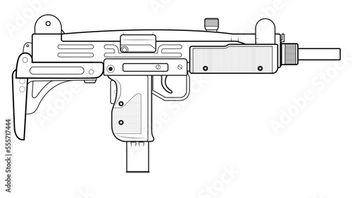 Vector illustration of the UZI israel machine gun with folded stock on the white background. Right side.