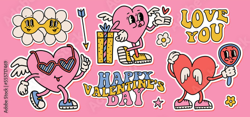 Groovy hippie love sticker set. Retro cartoon Valentines day elements. Comic happy heart character in trendy retro 60s 70s style. Mascot and flower elements. Vector contour illustration.