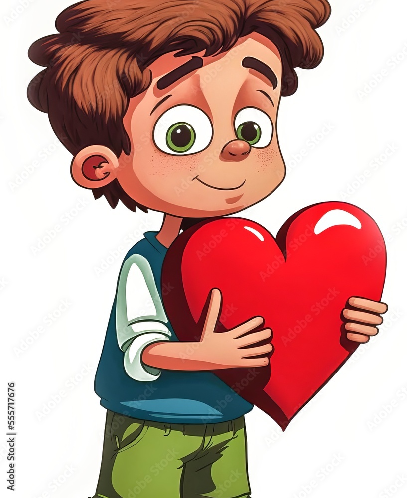 Cartoon Character Boy with a big heart in hands isolated on white background. Saint Valentine Day greeting Card