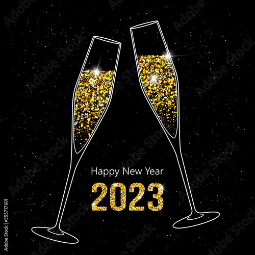 2023 Happy New Year. Champagne glasses vector illustration. Restaurant glassware. Bubbly in glass. Champagne glasses flat icons, fizzy champaign in goblet. Holiday gold glitter confetti. 2023 New Year