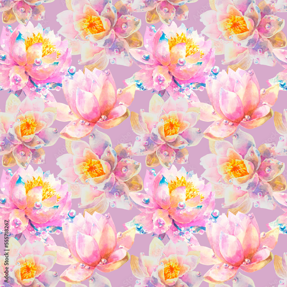 Watercolor Seamless Pattern with Romantic flowers of water lily on violet background.