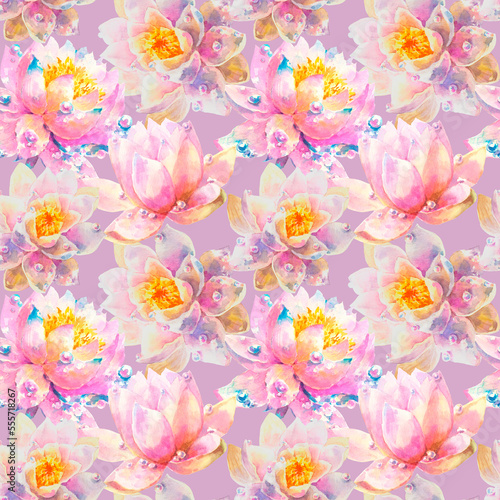 Watercolor Seamless Pattern with Romantic flowers of water lily on violet background.