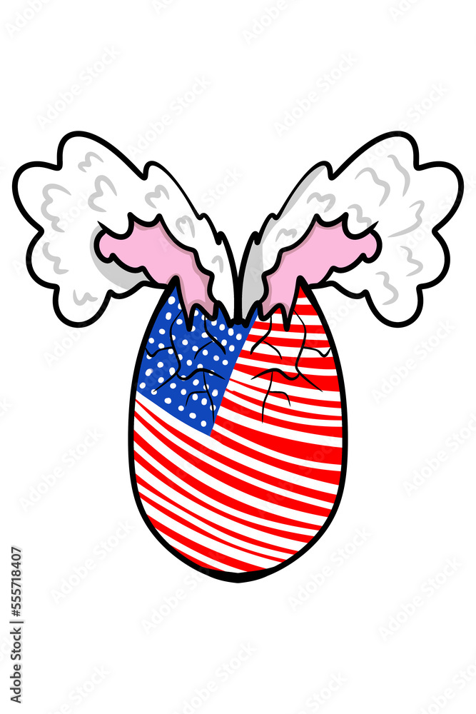 An Easter egg with bunny ears sticking out of it. For Easter. Hand drawn, in cartoon style. On a white background, isolated. Painted in the colours of the American flag. With white bunny ears An Easter egg with bunny ears sticking out of it. For Easter. Hand drawn, in cartoon style. On a white background, isolated. Painted in the colours of the American flag. With white bunny ears