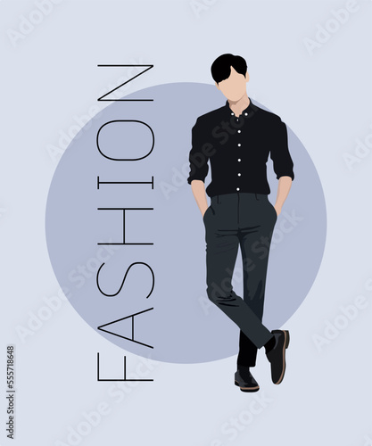 Stylish man. Stylish guy on an interesting gray background with the inscription fashion. Cartoon male characters. Men in fashion clothes. Flat style vector illustration.