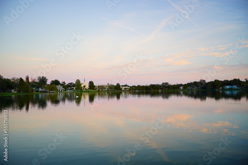 Lakeland, FL USA - 11 25 2022: Sunset Landscape of city center of lakeland Florida