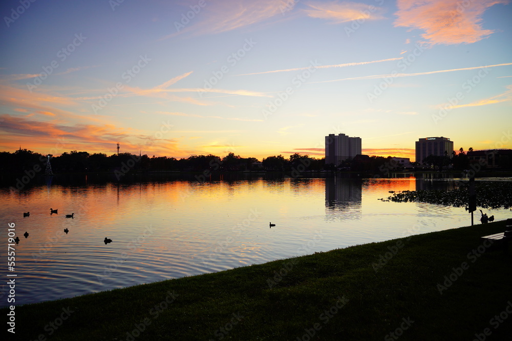 Sun set Landscape of lake Morton in city center of lakeland Florida