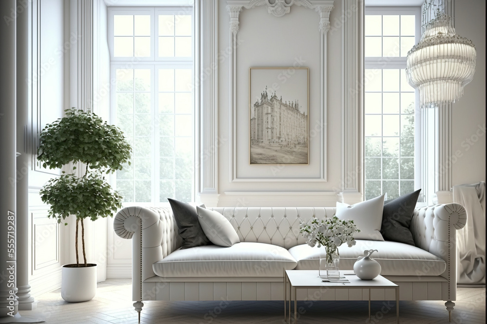 White classic living room interior with a large window and a large beautiful white sofa, lots of light and indoor plants, moldings on the walls. White interior, classic, majesty, flowers, green. AI White classic living room interior with a large window and a large beautiful white sofa, lots of light and indoor plants, moldings on the walls. White interior, classic, majesty, flowers, green. AI