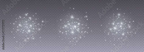 White sparkles, shiny particles light effect, bright glowing stars, cosmic starburst, fairy stardust isolated on transparent background. Vector illustration.