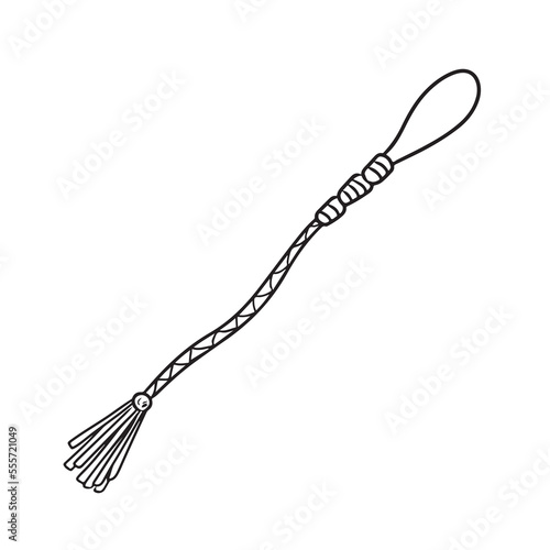 Leather whip knout with small tassels in black isolated on white background. Hand drawn vector sketch illustration in doodle engraved outline style. Sexual adult role games, dominance.
