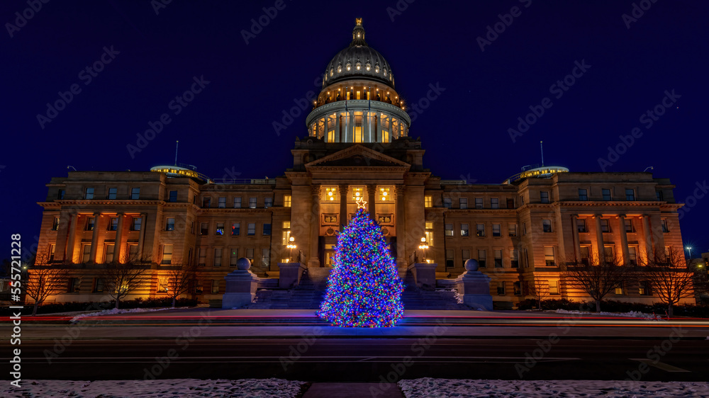 State Capital building of Boise at night with Christmas tree