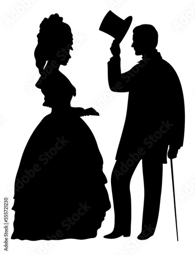Full figure profile silhouettes of Victorian man who takes off his top hat in front of young lady  with fan. Man and woman face to face in historical clothes.