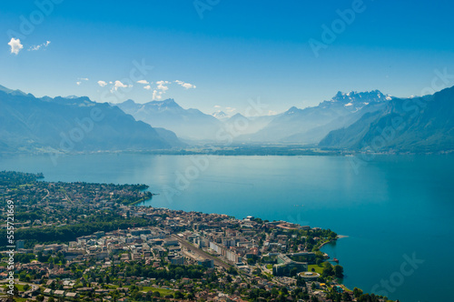 View of Lake Geneva over Vevey, Switzerland.