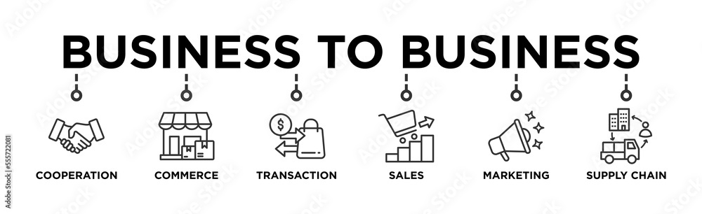 Business to business banner web icon vector illustration concept with icon of cooperation, commerce, transaction, sales, marketing, supply chain Business to business banner web icon vector illustration concept with icon of cooperation, commerce, transaction, sales, marketing, supply chain
