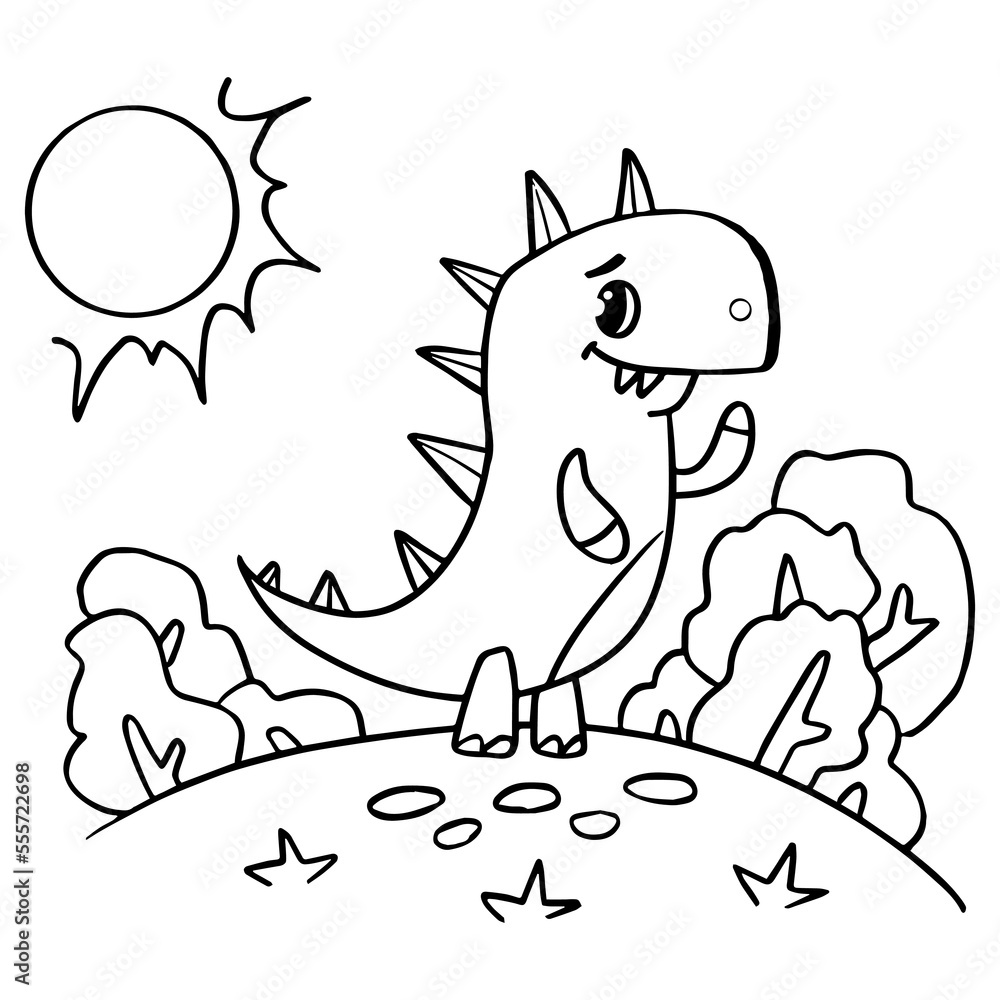 Fototapeta premium Children's coloring book. Dinosaur walks on the ground. Trees and grass. Vector illustration.