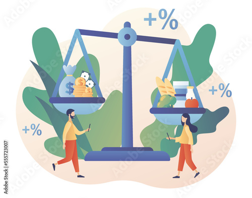 Inflation in economy. Rising food prices. Scales with food and money. Unstable prediction financial problems. Crisis concept. Modern flat cartoon style. Vector illustration on white background