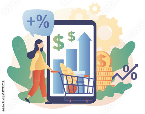 Inflation in economy. Rising food prices. Crisis concept. Unstable prediction online financial problems. Modern flat cartoon style. Vector illustration on white background
