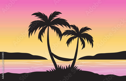 Summer Sunset Tropical Paradise Island Palm Tree Seascape Artwork Background  © Grace Jung