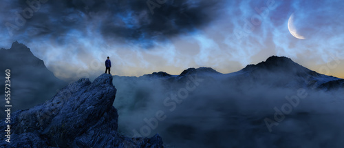 Adventure Man on top of Rocky Mountain Landscape. Nature Background. Cloudy Sky at Night with norther lights. 3d Rendering