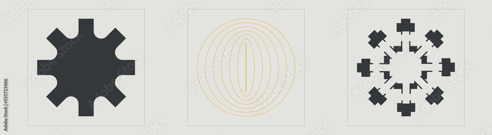 Retro futuristic elements for design. Trendy geometric postmodern figures. Templates for notes, posters. Isolated on black background. Vector illustration Retro futuristic elements for design. Trendy geometric postmodern figures. Templates for notes, posters. Isolated on black background. Vector illustration