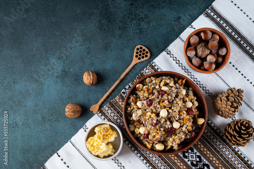 Traditional Christmas kutia. Kutya Ukrainian. Boiled wheat porridge. Slavic holiday ritual dish. Orthodox christmas. photo