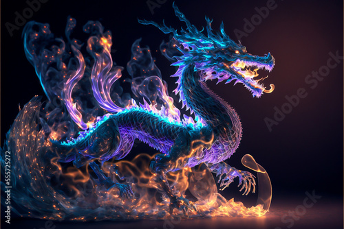 Fototapeta Ice and Electric fractal neon dragon drifting in smoke