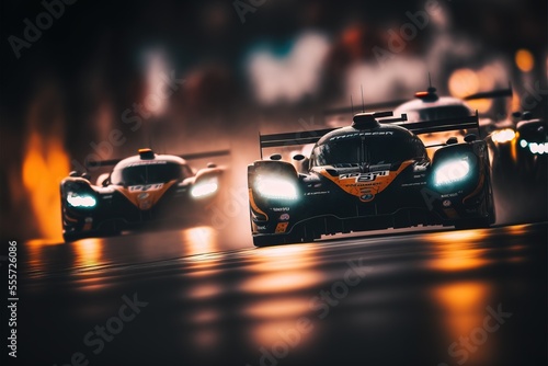  a group of racing cars driving down a race track at night time with lights on the cars and the driver behind them. Generative AI photo