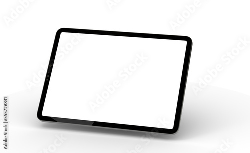 Modern tablet computer stand with blank screen isolated on white background