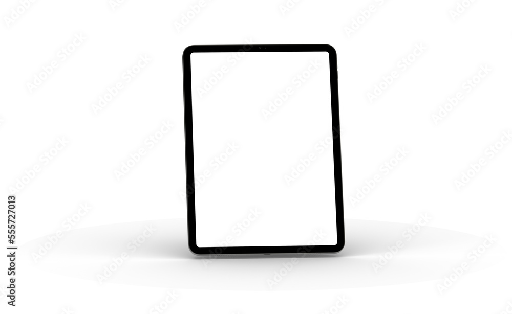 Modern tablet computer stand with blank screen isolated on white background